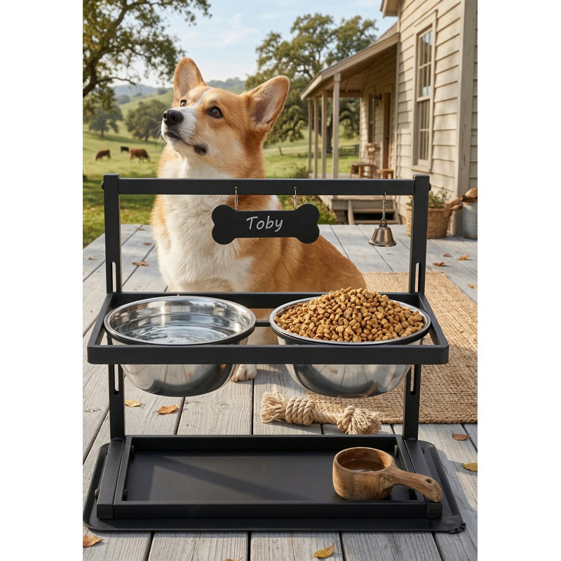 Support réglable pour grand chien avec 2 bols en acier inoxydable et tapis anti-dégâts, compatible avec les mangeoires lentes, noir