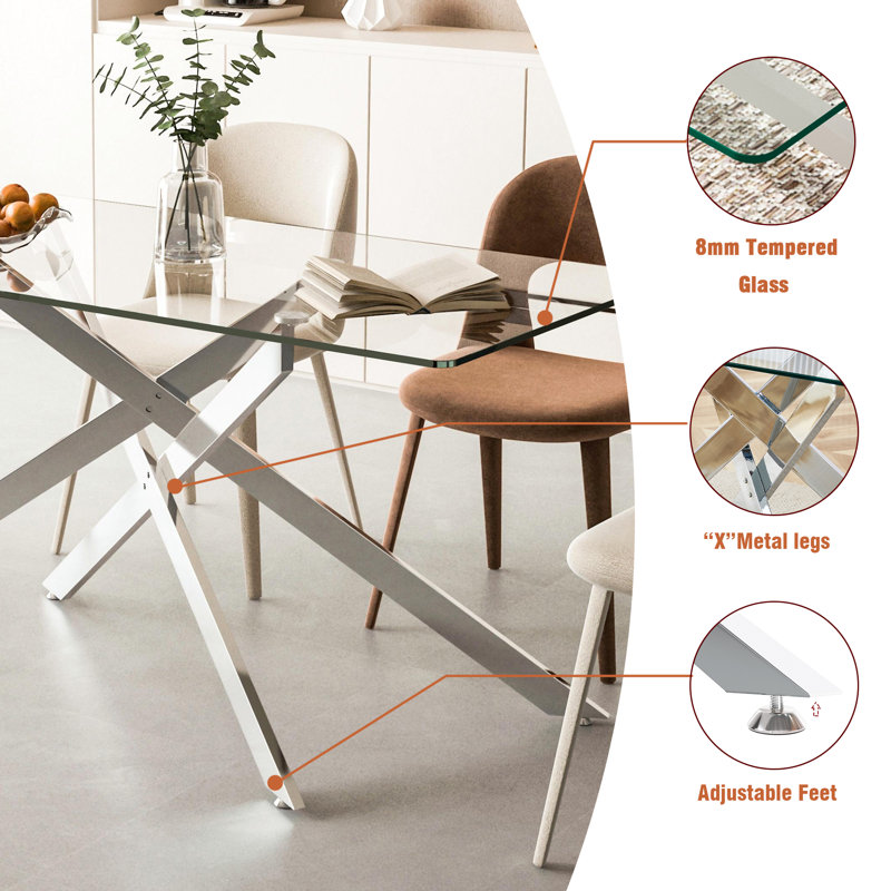 Darlene 60" Glass Dining Table Set Modern Dining Room Table Set  X-Shape Pedestal Glass Table with Dining Chairs, Dining Set for Dining Living Room