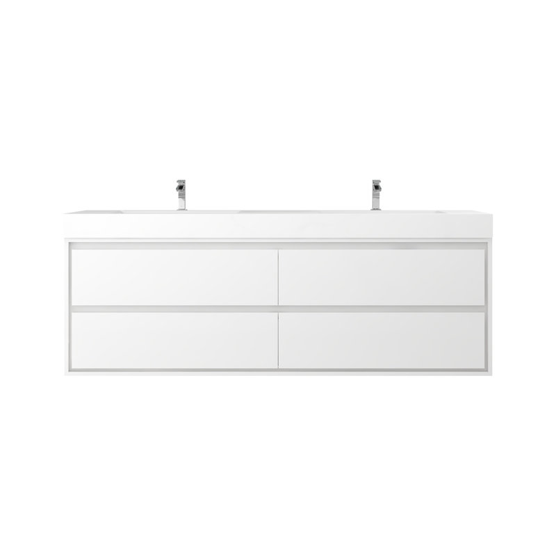 72'' Double Bathroom Vanity with Acrylic Top, Glossy White