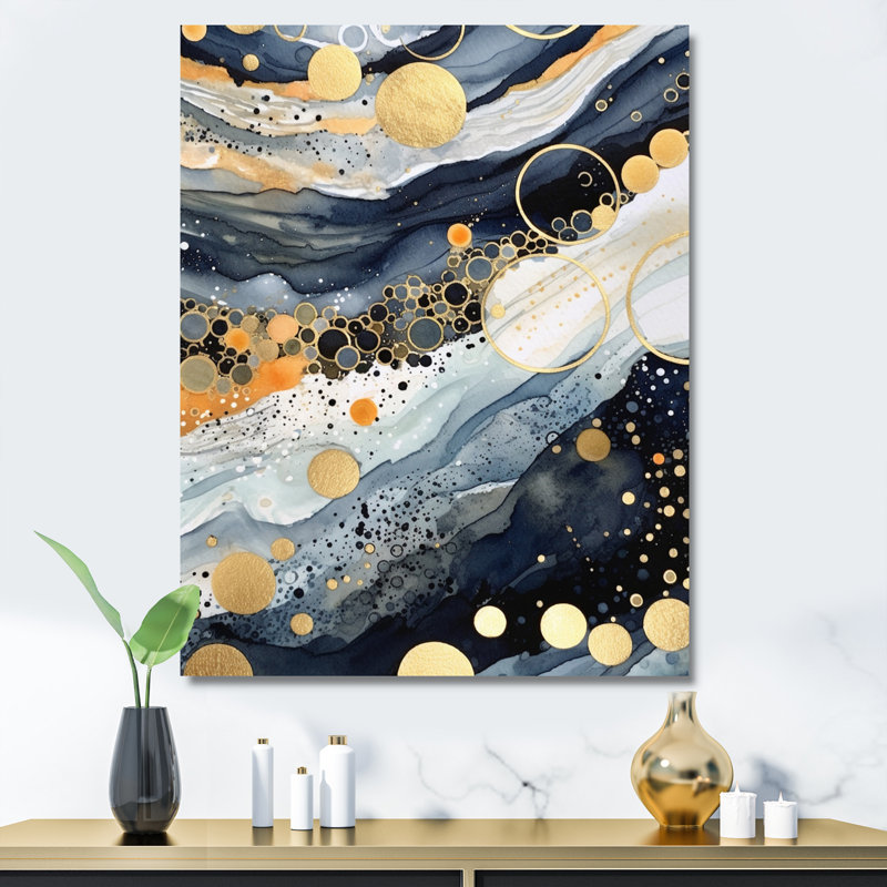 Pastel Abstract With Blue Black & Gold Spots VII - Modern Geometric Canvas Art Print, Wrapped Canvas, 20" H x 12" W x 1" D