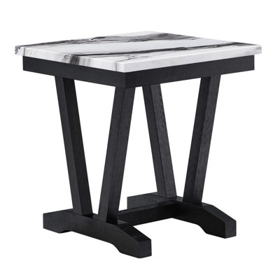 Table de bout carrée noire et blanche, plateau en faux marbre, base à double piédestal, côté en forme de V, fabrication, bois massif +, 22 po de largeur, 23,5 po de hauteur, table moderne avec blanc, hauteur, 25,3 lb, profondeur