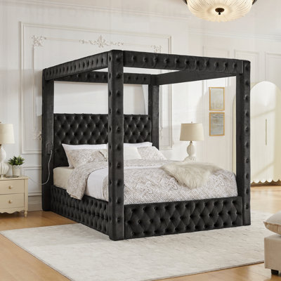 Cadre de lit à baldaquin luxueux en velours avec haut-parleur Bluetooth intégré et charge USB, sommier robuste