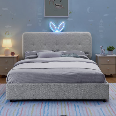 Upholstered Bed With Rabbit Ear Headboard, LED Light And 4 Storage Drawers