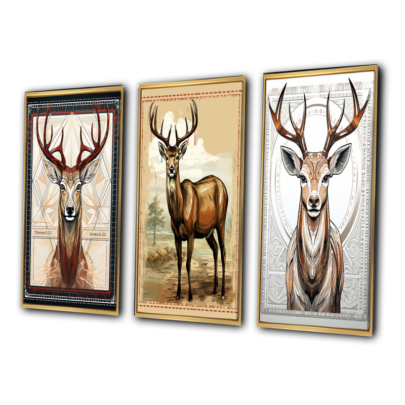 Majestic Deer Retro Illustration - Animals Deer Art Set Of 3 Pieces, Encadrement doré, H 32 po x l 48 po