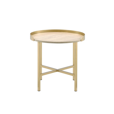 Table de bout d'appoint dorée avec plateau en chêne