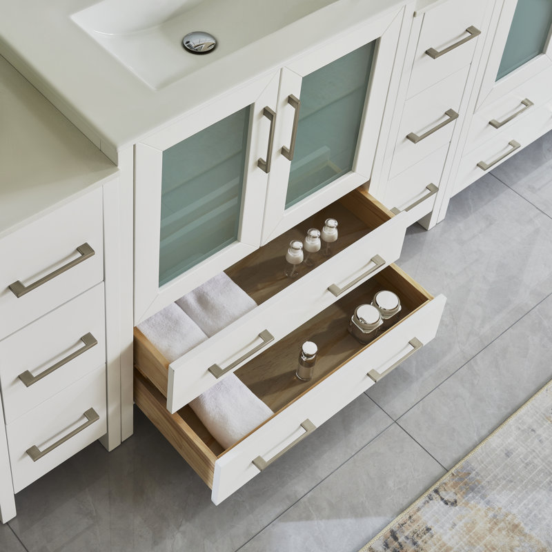 Karson 96'' Double Bathroom Vanity with Ceramic Top with Mirror, White