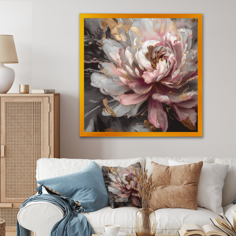" White Pink Peonies Blooming ", 16" H x 16" W x 1" D, Gold Picture Framed