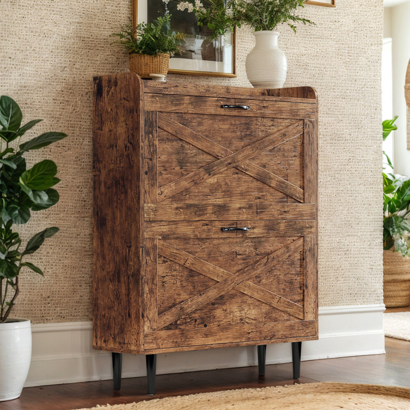 Armoire à chaussures 2 portes 1 porte de grange en mélamine gaufrée 31,6 po, Bois patiné