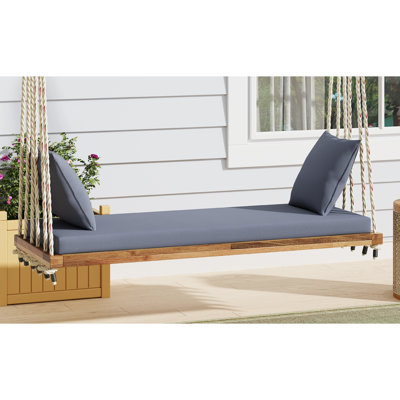 Balancelle en bois avec structure en bois, cordes en chanvre de 10,8 pi, coussin confortable et 2 coussins, poids de 400 lb, patio de 5 choix de couleurs fabriqués à partir de bois, siège souple à deux tolérances, options
