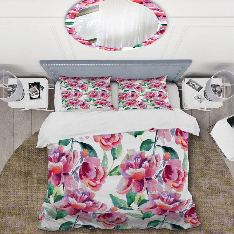 Fleurs roses et feuille verte - ensemble de housse de couette floral - microfibre de polyester