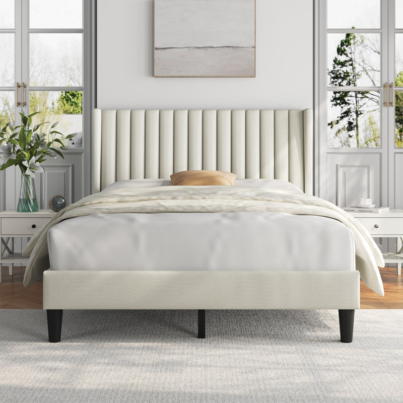 Multi-sized Upholstered Bed Frame with Channel Tufted Headboard, Full, Ivory