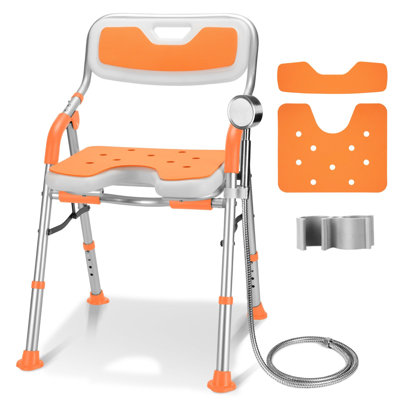 DEWEL Foldable Shower Chair for Elderly and Disabled, Folding Shower Seat with Armrests and Back Height Adjustable, Aluminum Alloy Bath Seat for Inside Shower, 330lbs Capacity (Orange)