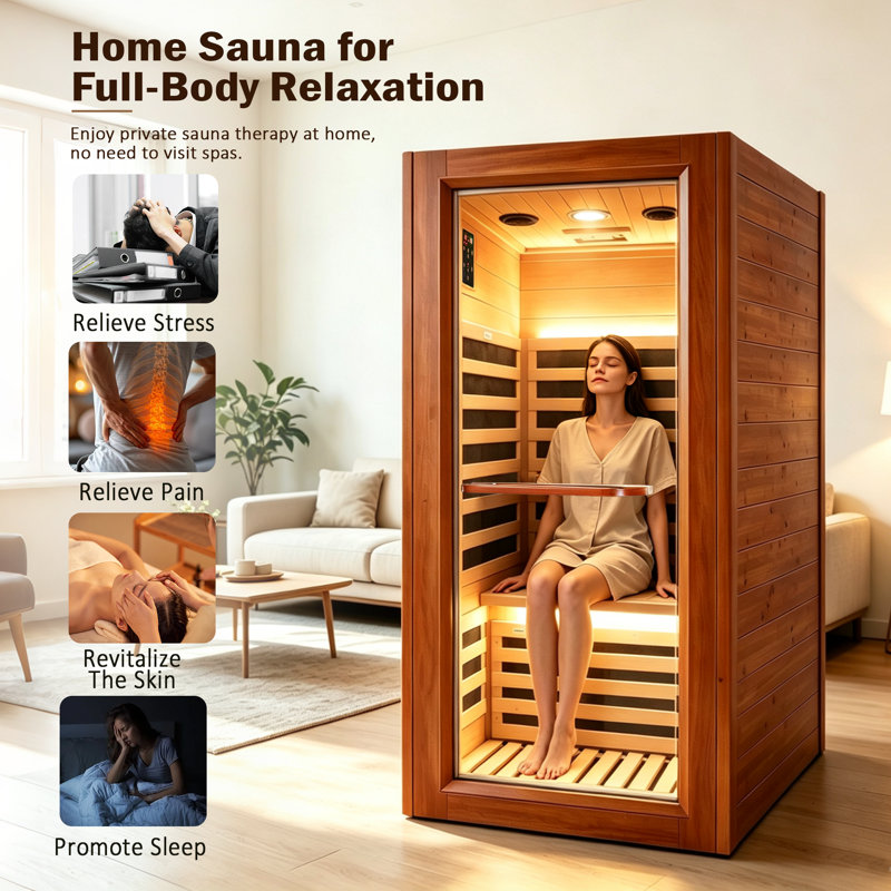 Sauna infrarouge lointain 1 personne en bois d'okoumé africain – Sauna sec intérieur 1020 W 110 V avec panneaux en graphène, chauffe-pieds, chromothérapie et haut-parleurs Bluetooth