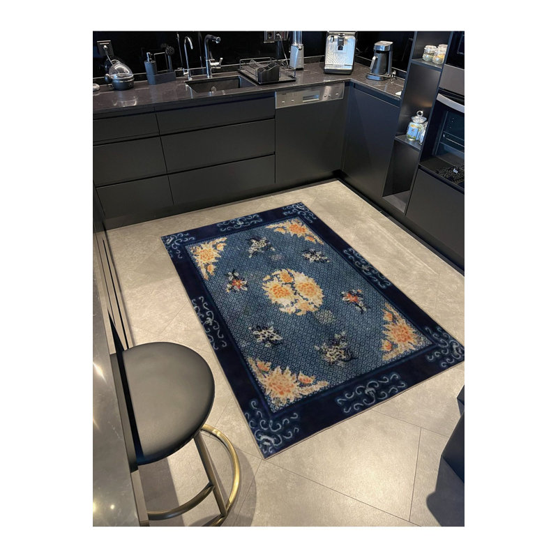 Tapis bleu lavable décoratif à motif floral traditionnel bleu, Tapis de couloir 3 pi 3 po x 6 pi 7 po inclus