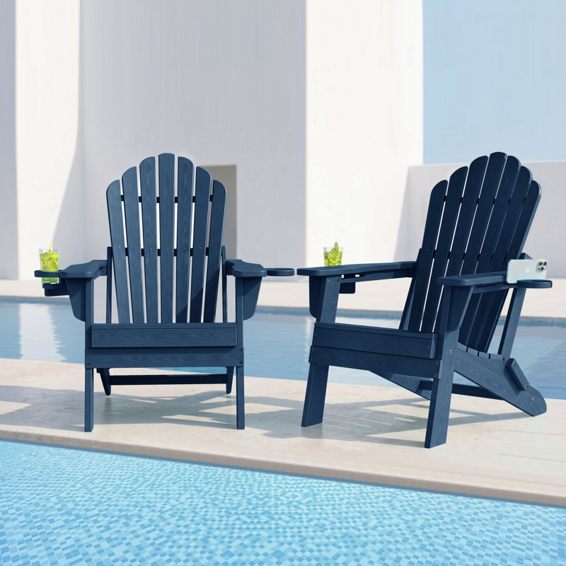 Set of 2 Folding HDPE Adirondack Chairs with Dual Cup Holders – All-Weather Outdoor Patio Seating, Navy