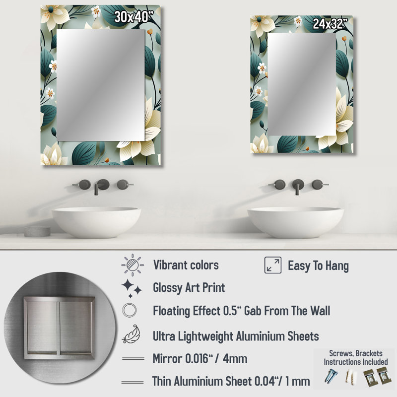 Anyelis Teal & Ivory Coastal Elegance Floral Pattern - Floral Mirror, Floral Decorative Wall Mirror, Printed Metal Art
