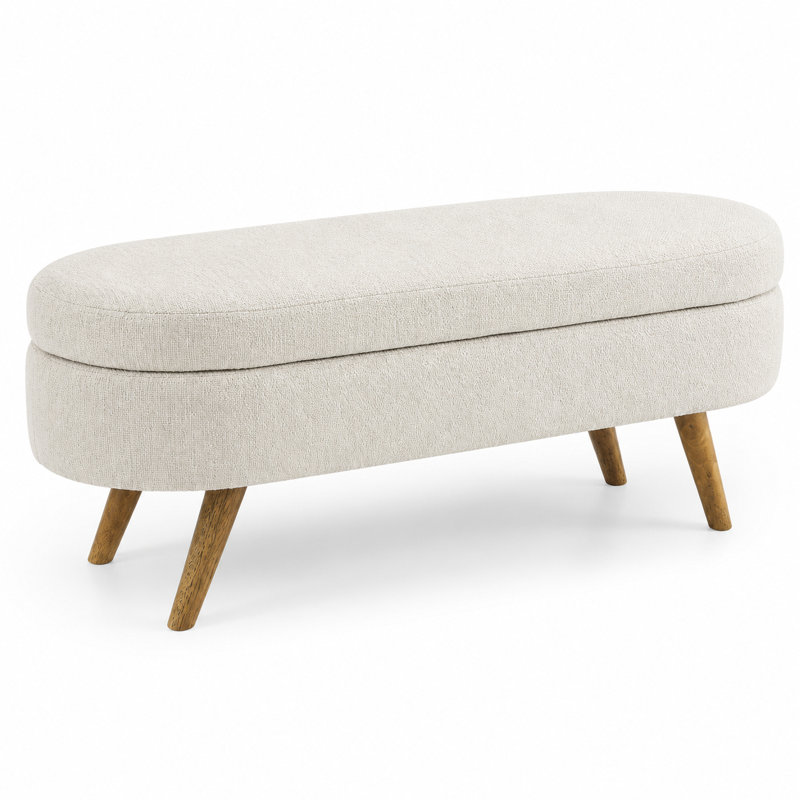 Banc de rangement ovale 43,5 pouces avec rangement à plateau relevable et pieds en bois, beige