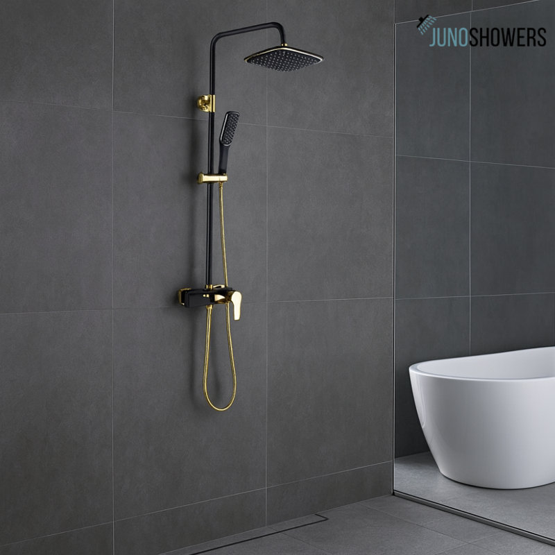 Juno Black Gold Rich Luxury Design Natural Rain Waterfall Painted Wall Mount Shower Head with Handheld Shower, Black Gold