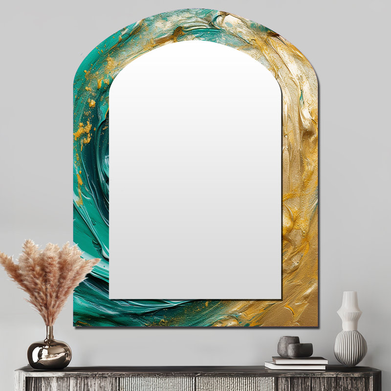 «Golden Ocean Swirling Waves», miroir mural asymétrique spirales abstraites, miroir décoratif arqué doré, impression sur métal