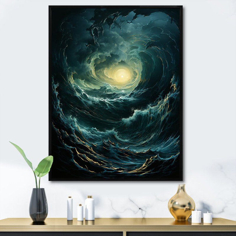 Privett " Blue Fury Waves Spiral ", Black Floater Framed Canvas, 32" H x 16" W x 1" D