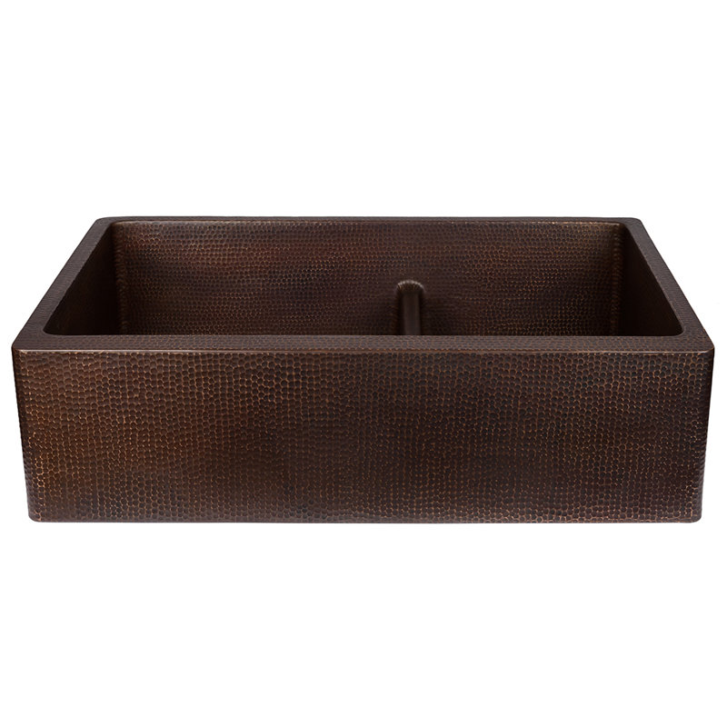 33" Hammered Copper Kitchen Apron 60/40 Double Basin Sink with Short 5" Divider w/ Matching Drains and Accessories