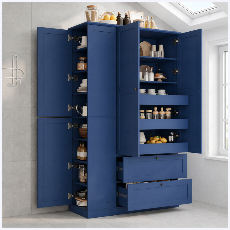Grand garde-manger de style campagnard de 73,6 po, armoire de rangement autoportante bleue avec 7 tablettes, 2 tiroirs, 3 plateaux coulissants et armoires latérales pour la cuisine, la salle à manger