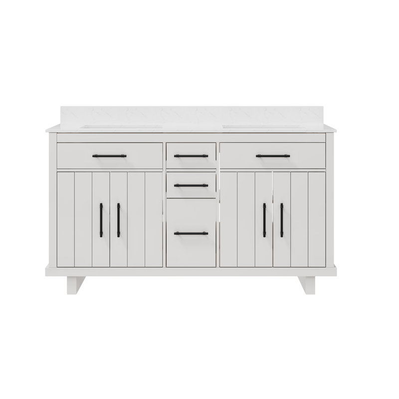 Meuble-lavabo double 60 po avec plateau en marbre 60 po entièrement assemblé, blanc, Blanc