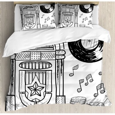 Jukebox Doodle Style Retro Music Box Notes Coins Long Play Vintage Sketchy Artwork Duvet Cover Set -  Ambesonne, nev_34588_king