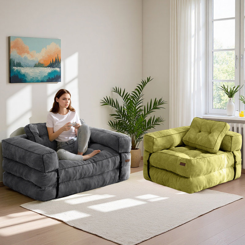 Boneless Gaint Folding Sofa Bed, U-Shaped Convertible Bean Bag Sofa Bed, Grey