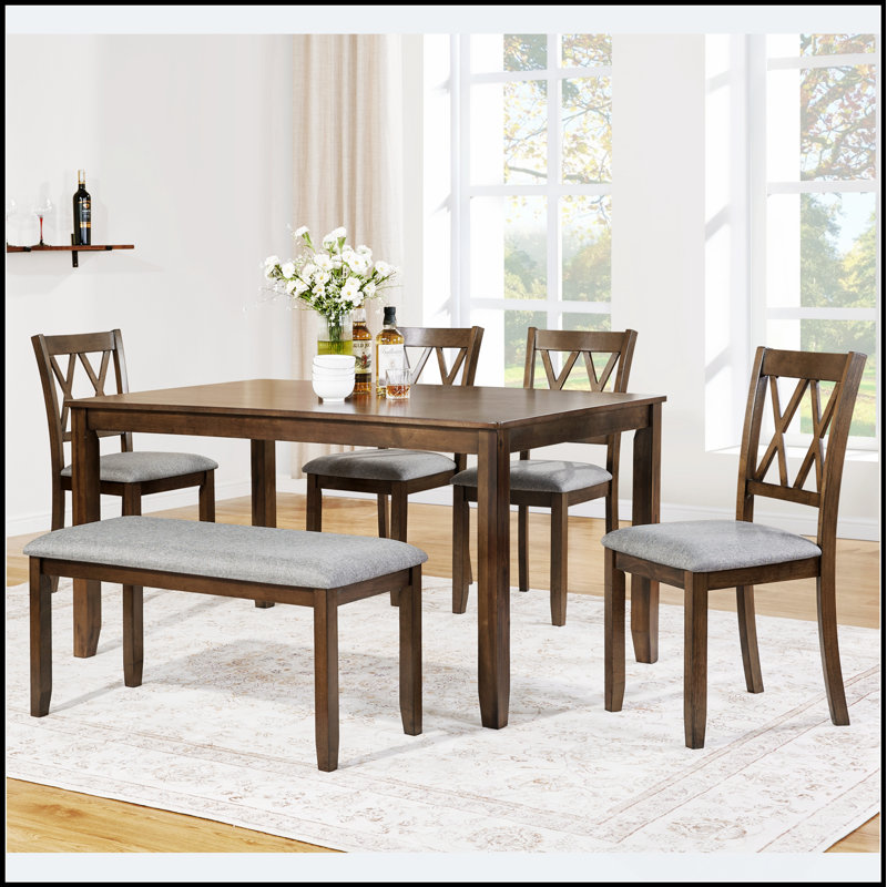 Ensemble de table de salle à manger élégant en bois 6 pièces avec 4 chaises et un banc, design moderne pour des réunions de famille confortables et des expériences culinaires élégantes