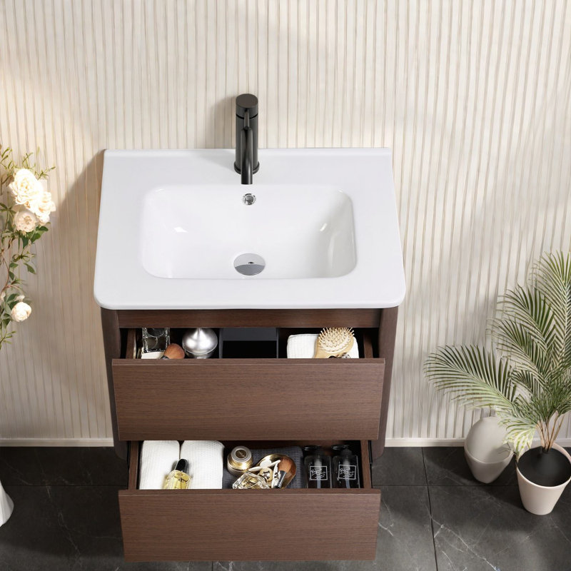 Meuble-lavabo moderne brun foncé et lavabo en porcelaine, solution de salle de bain peu encombrante