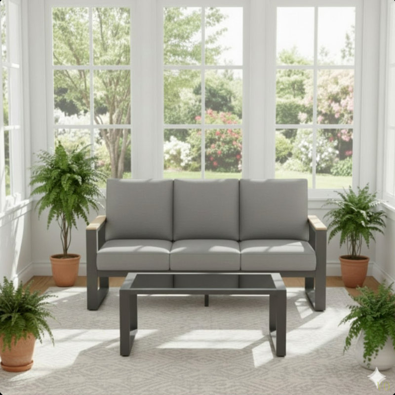 2-Piece 3-Seat Outdoor Sofa Couch Set, 75" All-Weather 3-Seat Aluminum Patio Sofa With Thick  Cushions  & 44" Glass Coffee Table