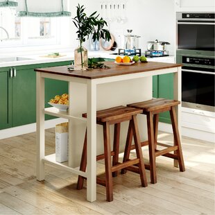 White Wood 50.3 in. Kitchen Island Set with Drop Leaf and 2