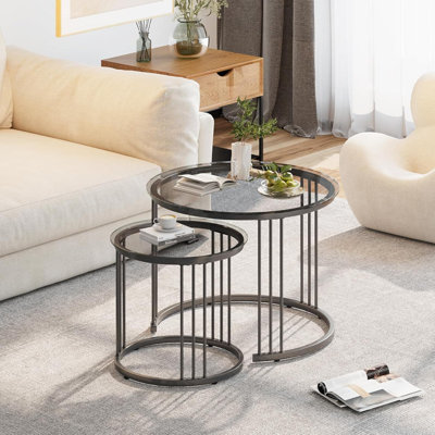 Ensemble de 2 tables basses modernes avec dessus en verre trempé et structure en métal