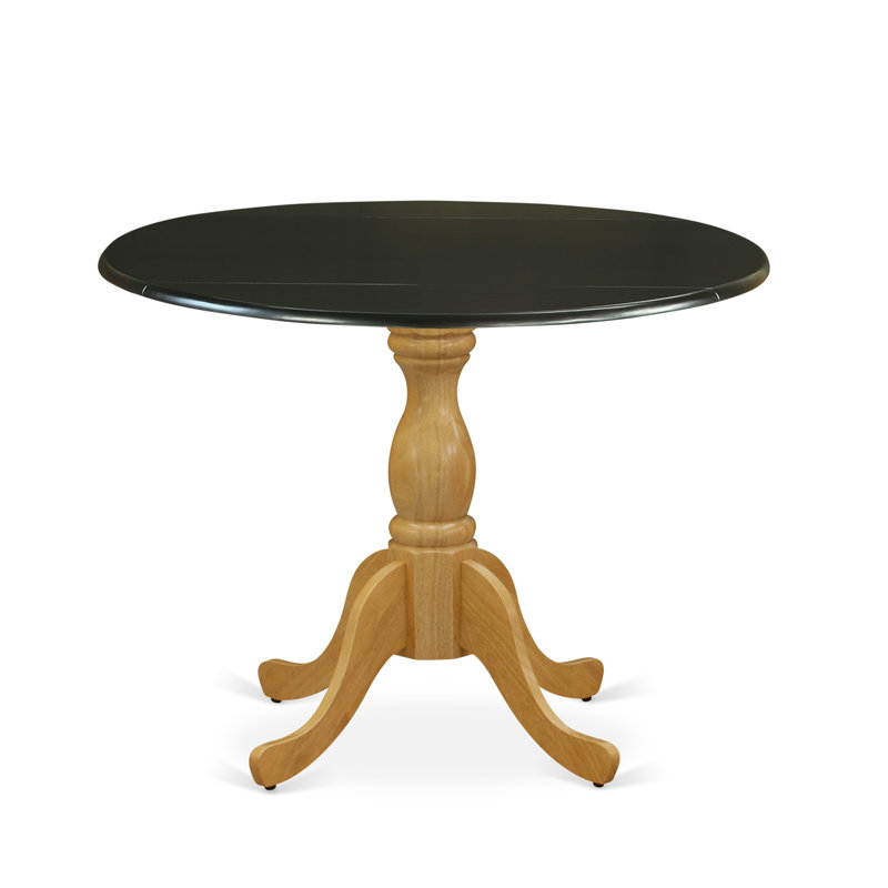 Dinning Table with Drop Leaves - Black Table Top and Oak Pedestal Leg Finish, Black, Oak