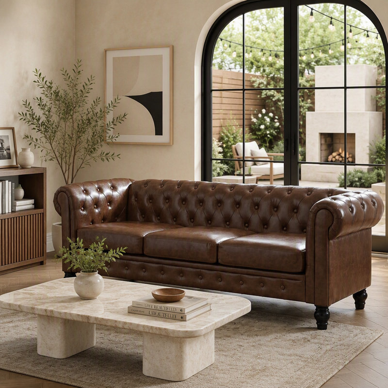 Canapé Chesterfield 3 places en similicuir, Similicuir brun