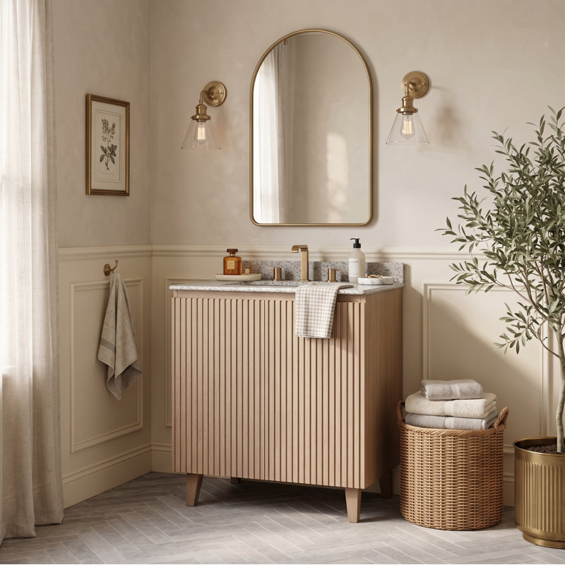 Meuble-lavabo simple autoportant moderne DOIN 48 po en imitation bois avec comptoir en granit et lavabo en céramique, 30