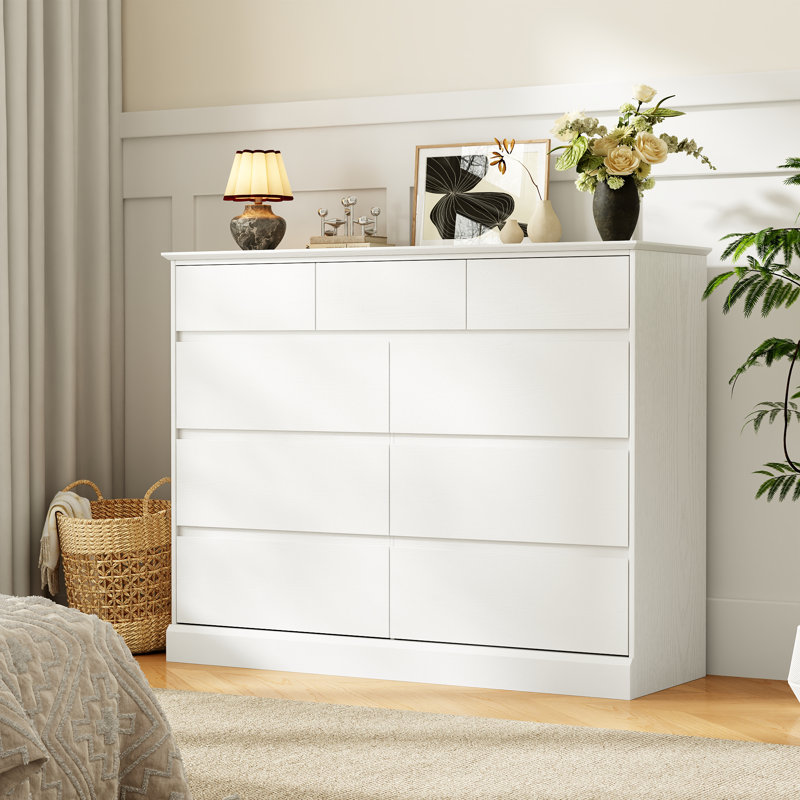 Commode double 9 tiroirs, commode de 47,2 po Dornisha, commode de chambre à coucher moderne pour garde-robe et salon, Blanc