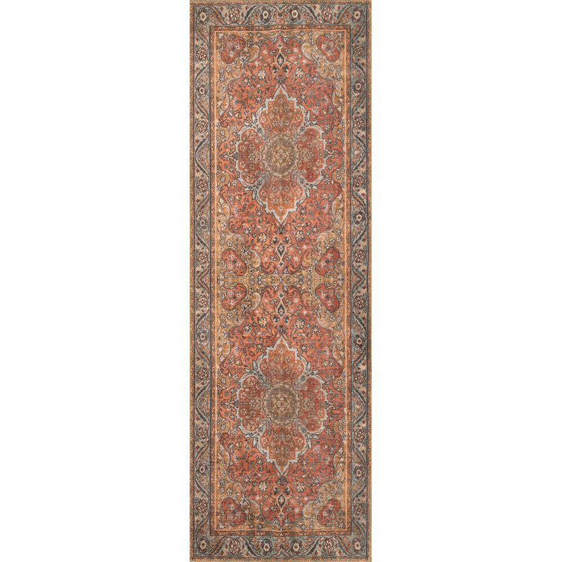 Fehrat Oriental Machine Woven Cotton/Polyester Area Rug in Rust, Runner 2'6" x 7'6"