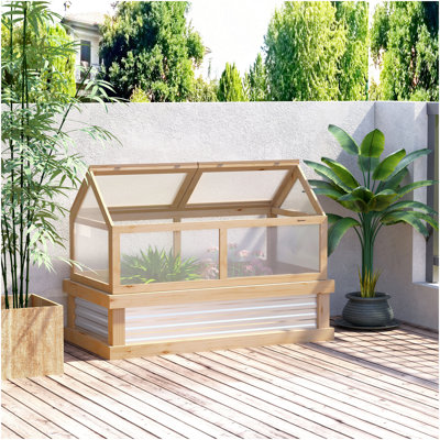 Lit de jardin surélevé avec serre en polycarbonate Outsunny, serre en bois pour jardin, protection pour jardinière, 48 po x 24 po x 32 po, naturel
