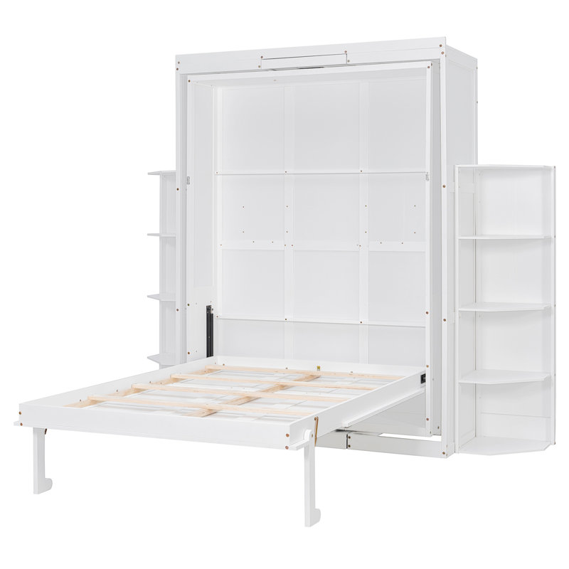 Grand lit escamotable rotatif avec armoire murale cachée, 2 tablettes latérales à 3 niveaux, bureau convertible, supports de rangement supplémentaires, lit mural multifonctionnel peu encombrant pour le bureau à domicile et les petites pièces, blanc