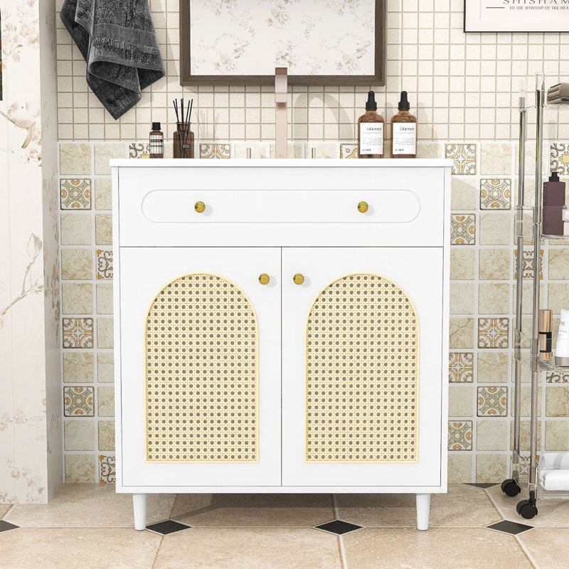 Meuble-lavabo en bois avec lavabo en céramique, tablette ajustable et tiroir basculant, Blanc