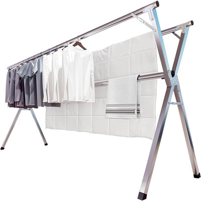 Séchoir à vêtements, finition en acier inoxydable, support à linge pliable robuste avec 20 crochets coupe-vent, grand portatif pour vêtements et vêtements, utilisation intérieure et extérieure, style fonctionnel moderne