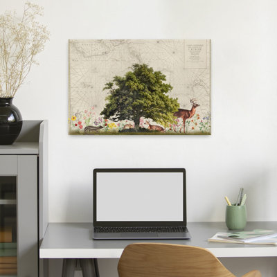 Woodland Animals On Map Retro Vintage Abstract Animal Flower Wall Art Print