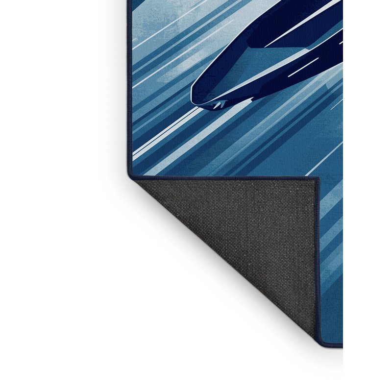 Soft Plush Eckart Flying Taxi Drone Modern Area Rug in Blue – Navy Binding, 2x3