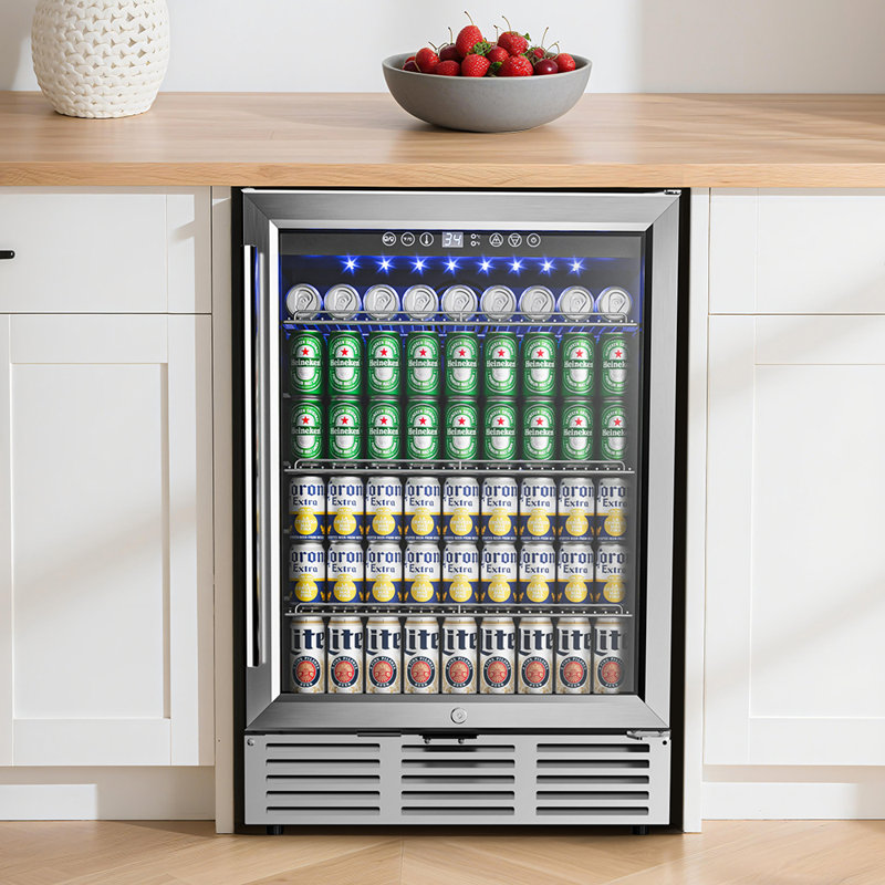 Simzlife 23.5'' W 180 Cans 5Cu Ft Beverage Refrigerator - Freestanding/Built-In/Under Counter Cooler with Tempered Glass Door & Reversible Handle, Stores Beer, Wine, Drinks