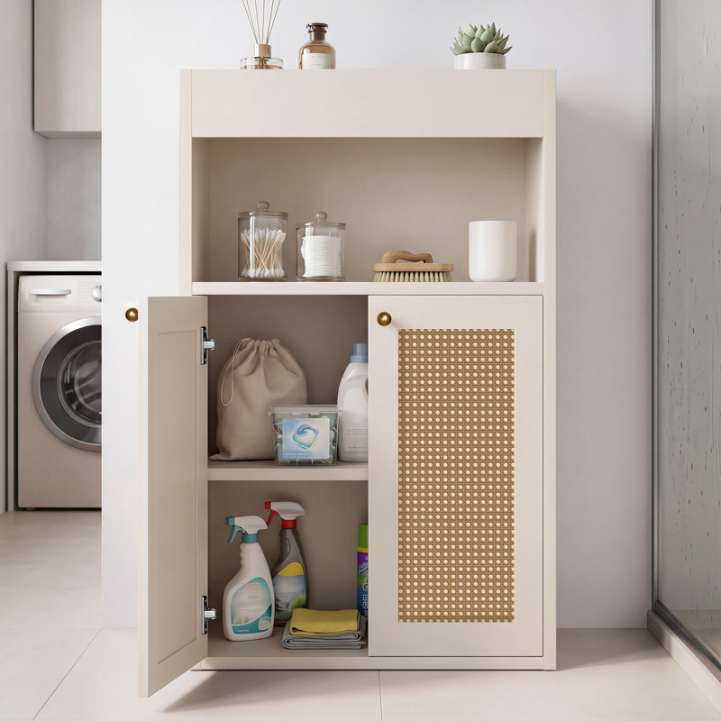 Armoire de rangement pour salle de bain avec 2 portes en rotin et tablette réglable, Blanc
