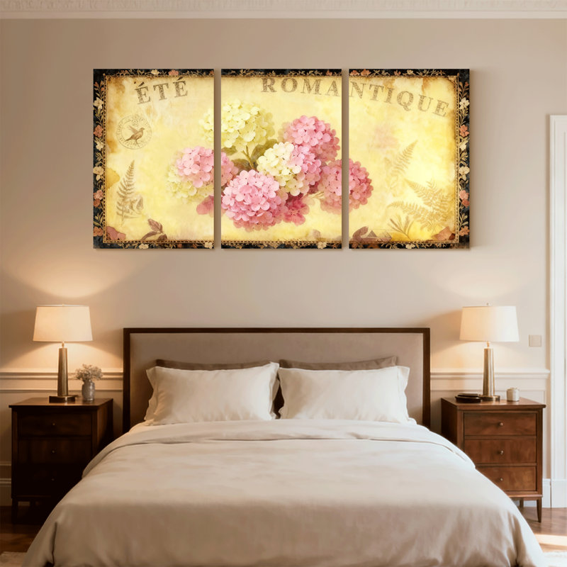 Hydrangea, romantique, été, motif floral rétro, ensemble de 3 impressions sur toile, H 24 po x l 48 po