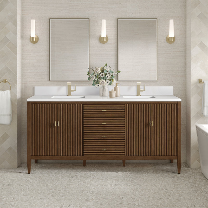 Myrrin 72'' W Double Vanity, Mid-Century Walnut, White Zeus, Single-Hole