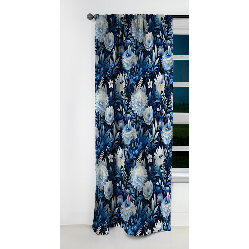 Réflexions de fleurs russes bleues et blanches - Rideau floral - Rideau occultant - 1 panneaux, L 52 po x L 120 po